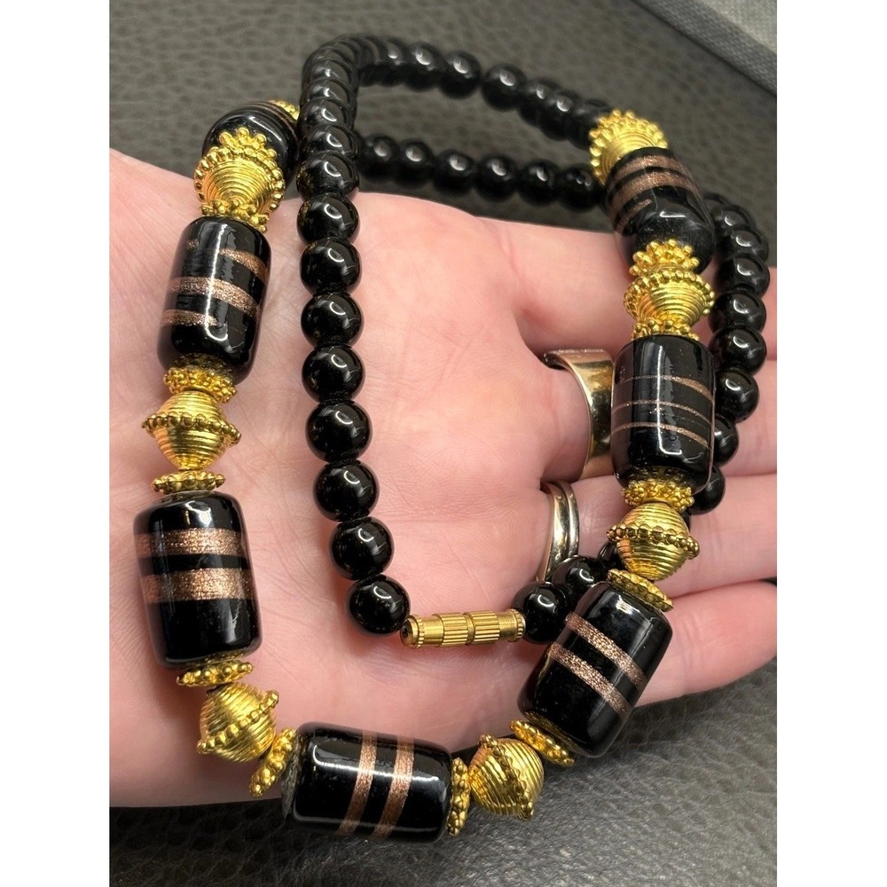 VTG Black Venetian Art Glass Glitter Bead Necklace Statement Gold Tone 24"